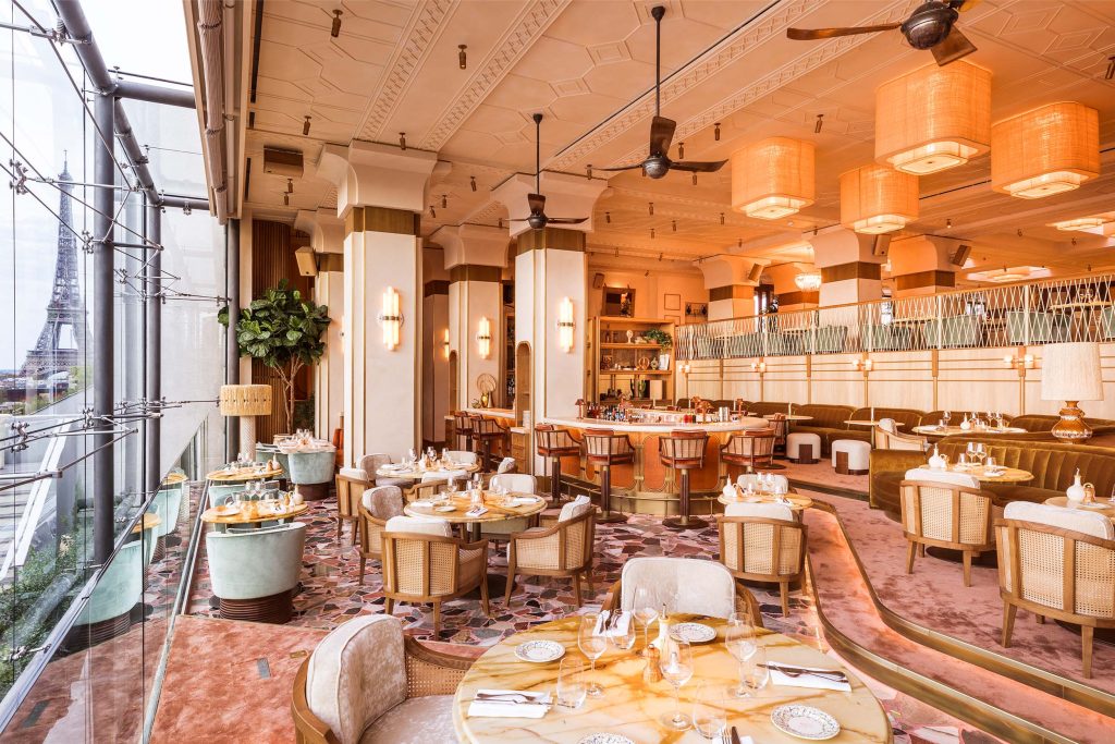 Gigi Rigolatto restaurant stunning interior with Eiffel Tower view, Paris