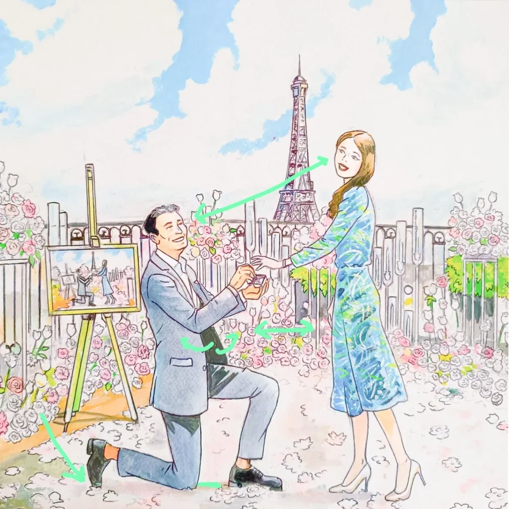Paris proposal posture illustration — gentleman on one knee at Trocadéro with Eiffel Tower backdrop, showing ideal kneeling stance, rear toe pointed down, open ring box, jacket unbuttoned, and optimal positioning for the ring exchange