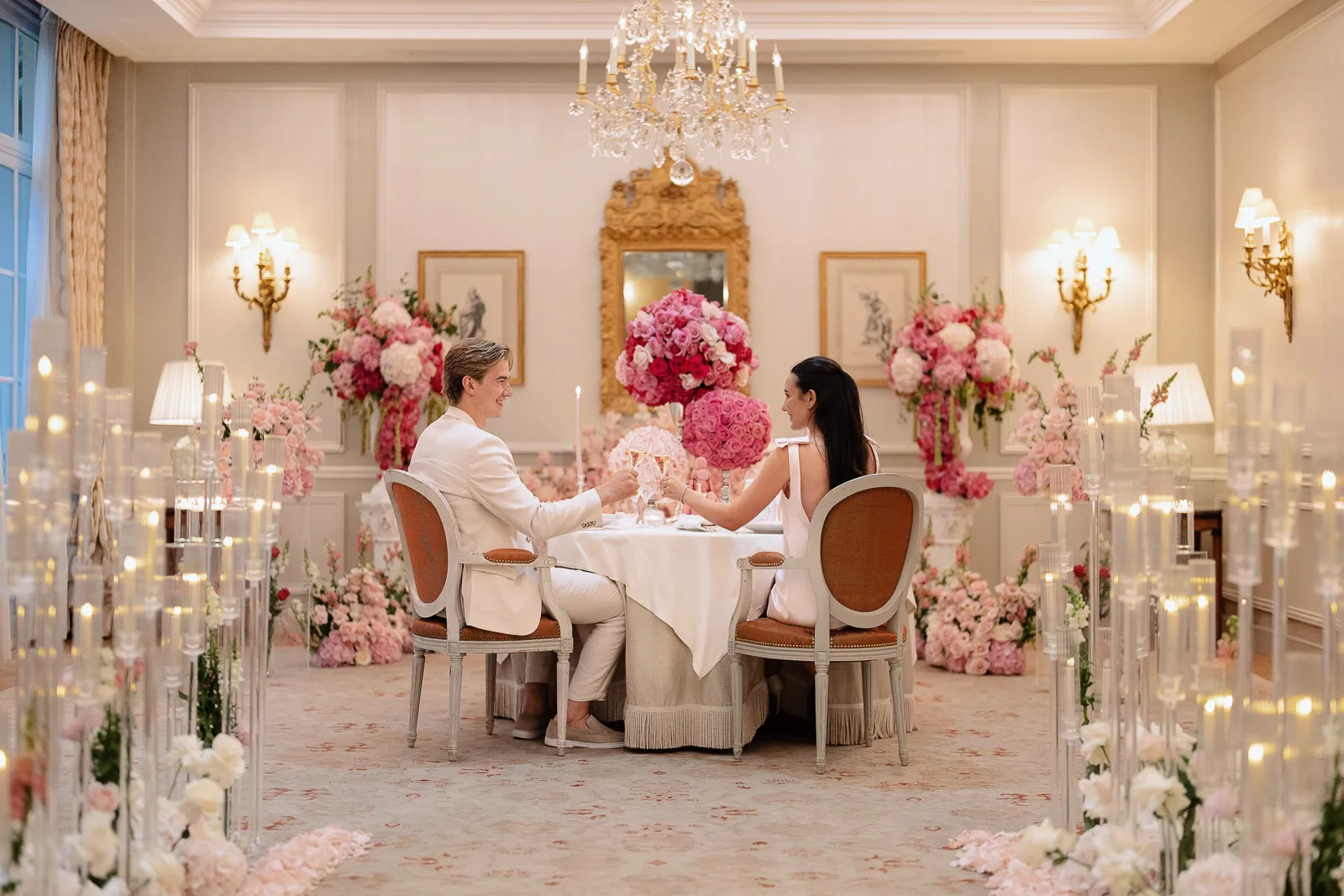 Ryan and Alexie enjoying a private dinner inside the Rambouillet Salon at Le Bristol Paris after their proposal.