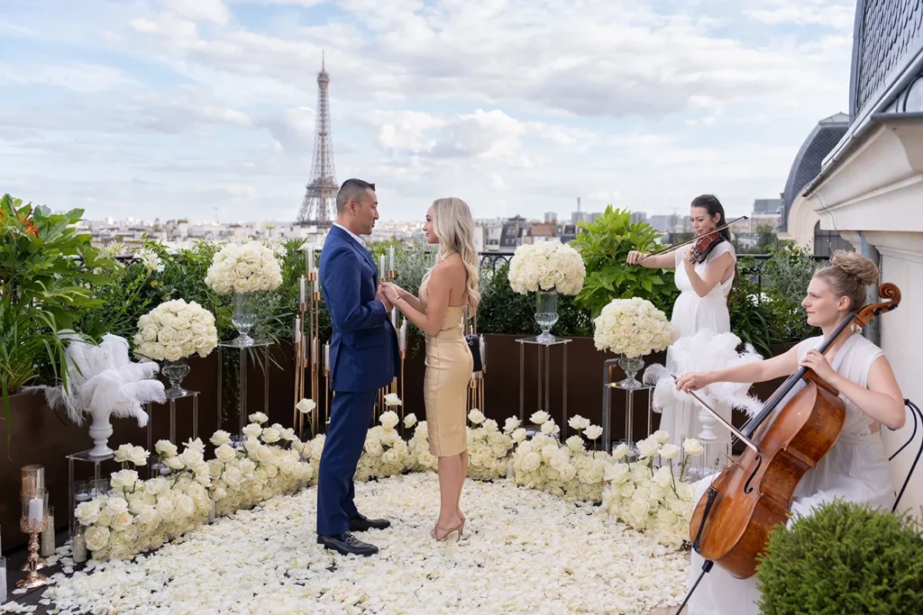 Eiffel Tower proposal on a private Paris terrace with live musicians