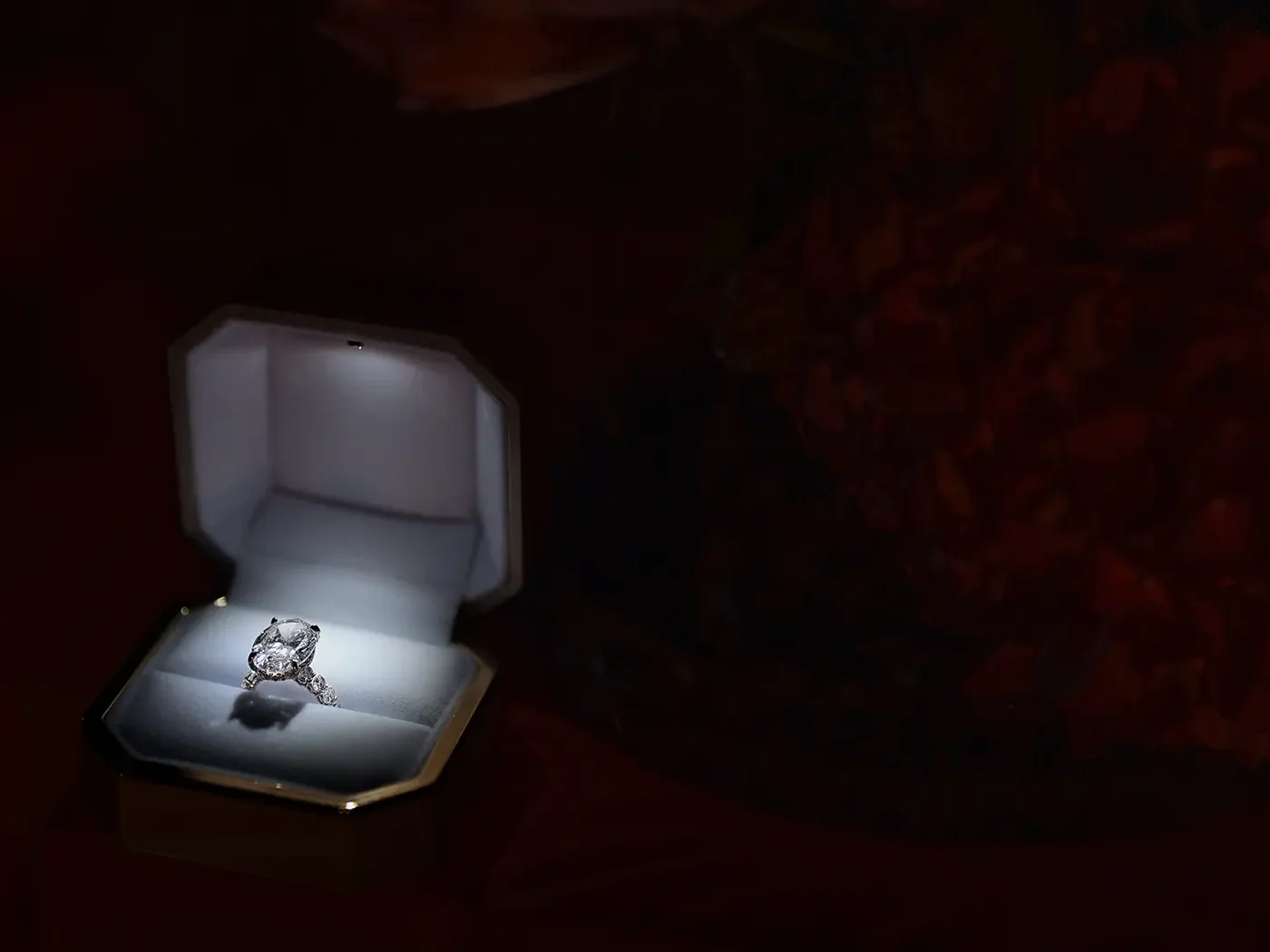 Open engagement ring box beside red roses before a private proposal at Château de Vaux-le-Vicomte.