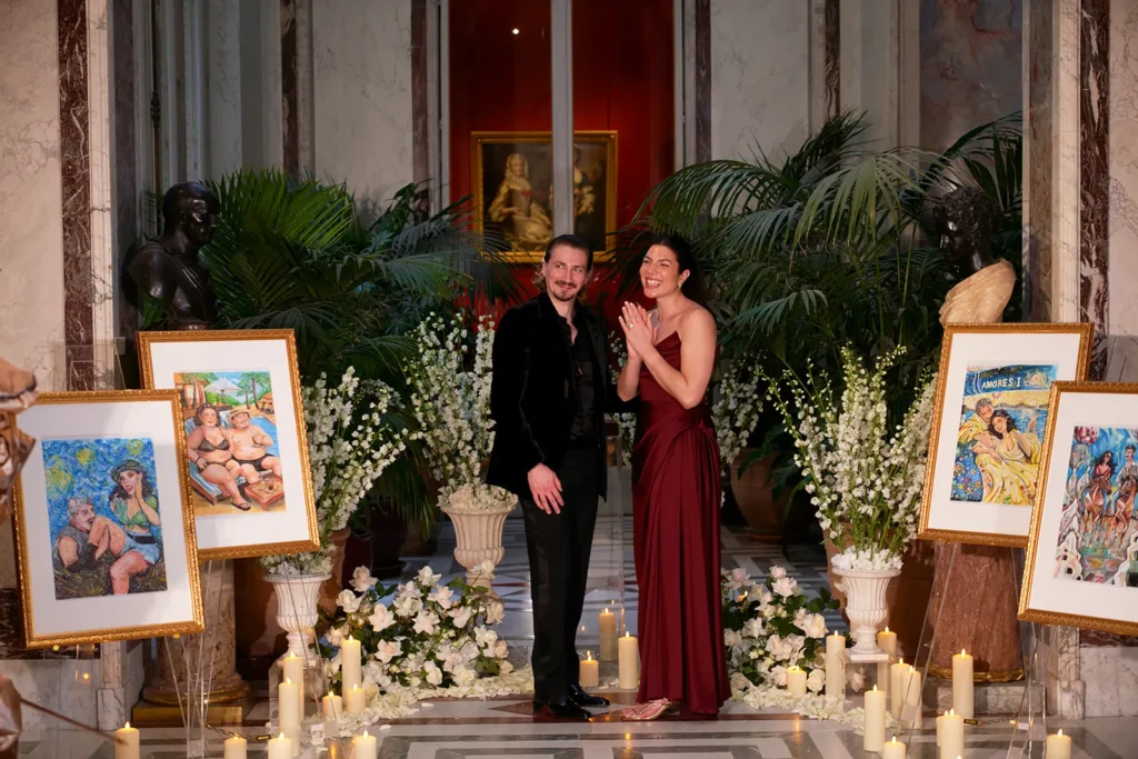 Fiancée to be reacting after the proposal at Musée Jacquemart André Paris, candlelit aisle and floral display