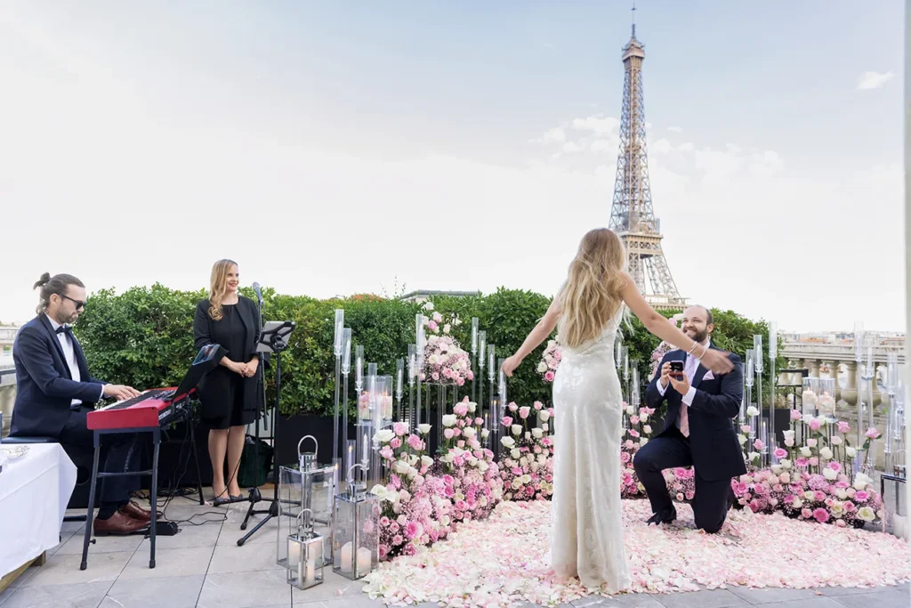 Marriage proposal on a private terrace at Shangri-La Paris with Eiffel Tower views